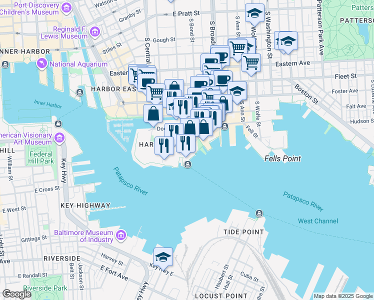 map of restaurants, bars, coffee shops, grocery stores, and more near S Caroline St & Thames St in Baltimore