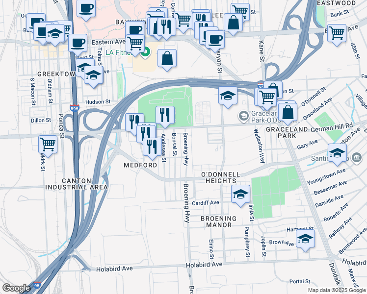 map of restaurants, bars, coffee shops, grocery stores, and more near 1206 Broening Highway in Baltimore