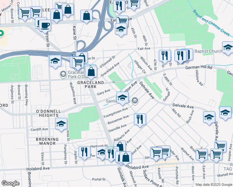 map of restaurants, bars, coffee shops, grocery stores, and more near 6738 Boston Avenue in Baltimore