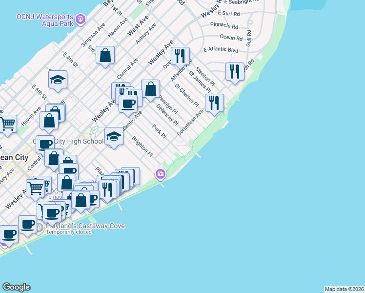 map of restaurants, bars, coffee shops, grocery stores, and more near 309 Corinthian Avenue in Ocean City