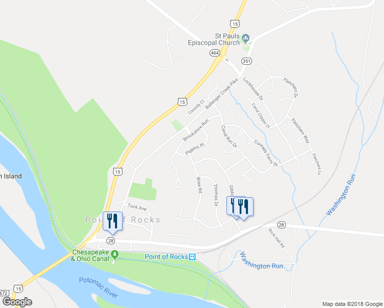 map of restaurants, bars, coffee shops, grocery stores, and more near 1625 Wise Road in Point of Rocks
