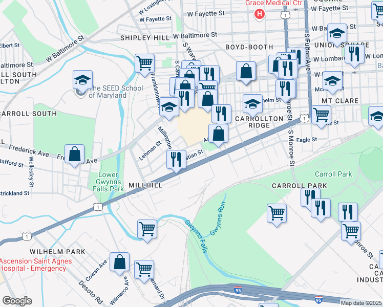 map of restaurants, bars, coffee shops, grocery stores, and more near 2434 Christian Street in Baltimore