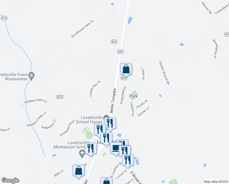 map of restaurants, bars, coffee shops, grocery stores, and more near 34 Berlin Pike in Lovettsville