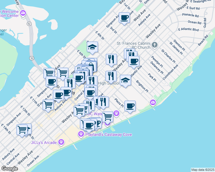map of restaurants, bars, coffee shops, grocery stores, and more near 615 Wesley Avenue in Ocean City