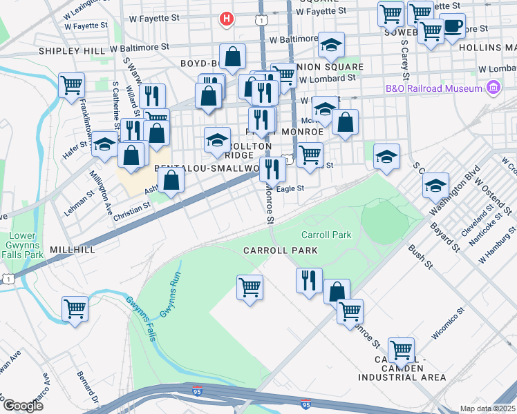 map of restaurants, bars, coffee shops, grocery stores, and more near 626 South Payson Street in Baltimore