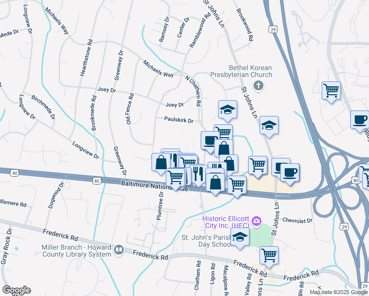 map of restaurants, bars, coffee shops, grocery stores, and more near 3332 North Chatham Road in Ellicott City