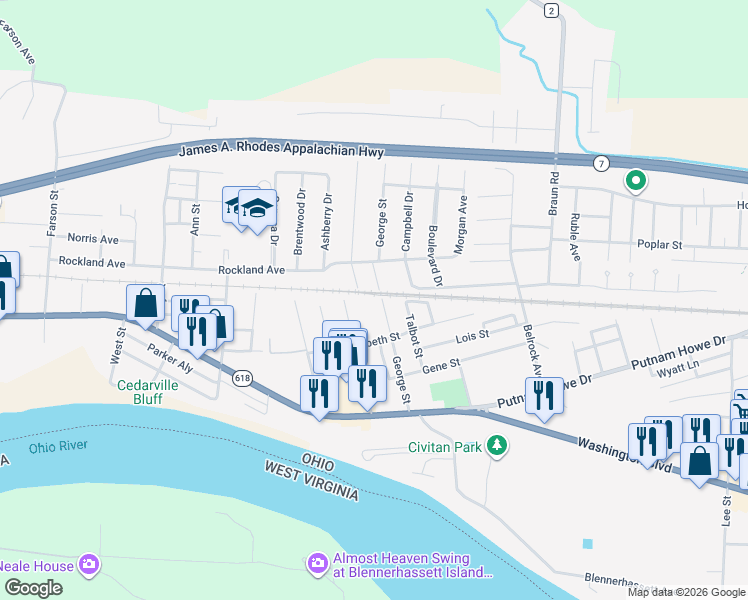 map of restaurants, bars, coffee shops, grocery stores, and more near 767 George Street in Belpre