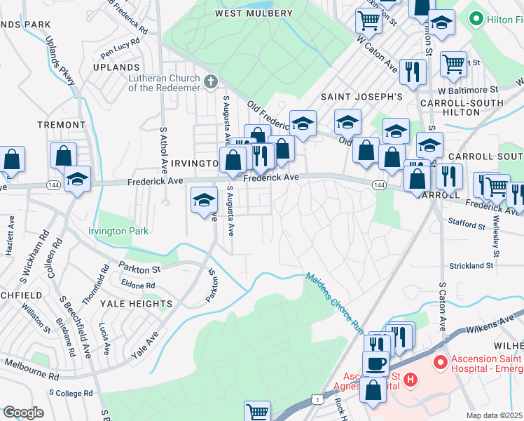 map of restaurants, bars, coffee shops, grocery stores, and more near 4018 Walrad Street in Baltimore