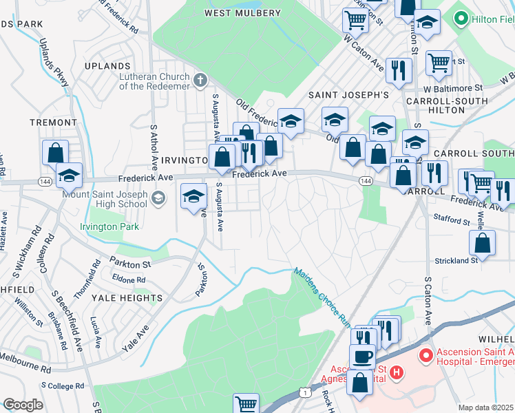 map of restaurants, bars, coffee shops, grocery stores, and more near 4000 Walrad Street in Baltimore