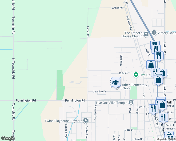 map of restaurants, bars, coffee shops, grocery stores, and more near 10301 Luther Road in Live Oak