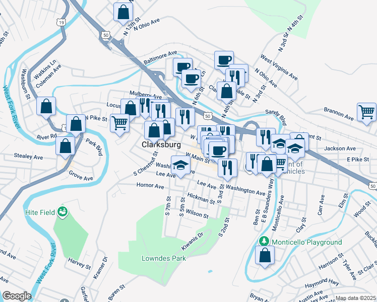 map of restaurants, bars, coffee shops, grocery stores, and more near 425 West Pike Street in Clarksburg