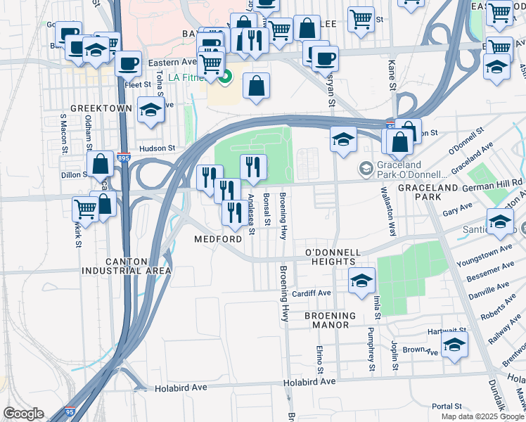 map of restaurants, bars, coffee shops, grocery stores, and more near 1123 Bonsal Street in Baltimore