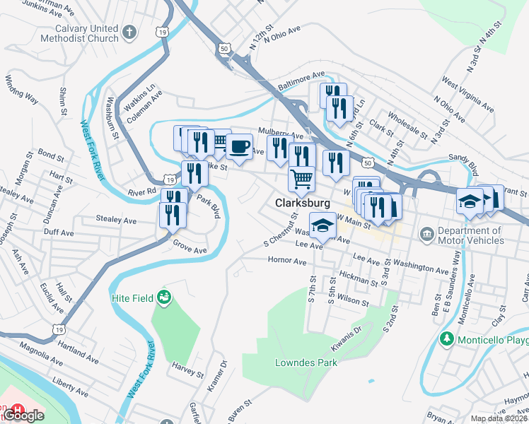 map of restaurants, bars, coffee shops, grocery stores, and more near 117 Stuart Street in Clarksburg