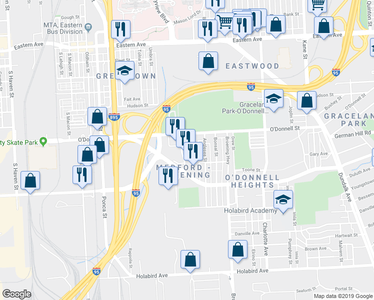map of restaurants, bars, coffee shops, grocery stores, and more near 5625 O Donnell Street in Baltimore