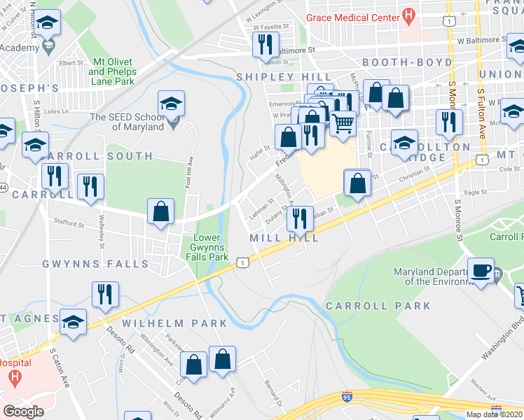 map of restaurants, bars, coffee shops, grocery stores, and more near 500 East Lynn Avenue in Baltimore