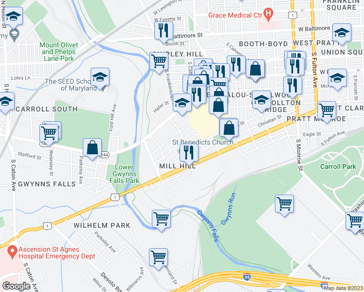 map of restaurants, bars, coffee shops, grocery stores, and more near 426 Millington Avenue in Baltimore