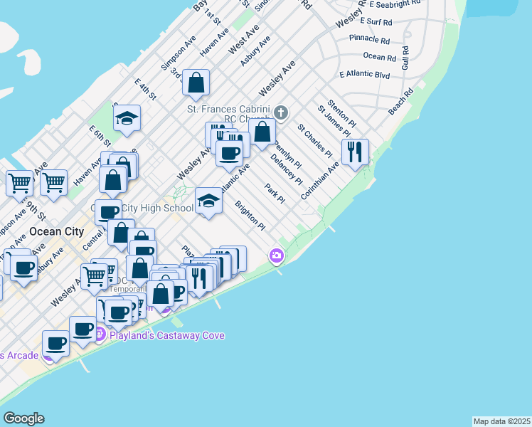 map of restaurants, bars, coffee shops, grocery stores, and more near 874 East 4th Street in Ocean City