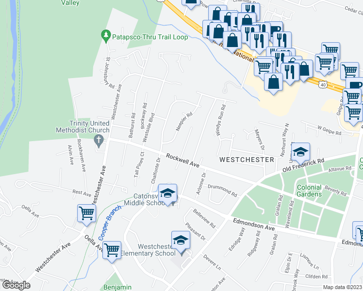 map of restaurants, bars, coffee shops, grocery stores, and more near 2022 Pleasant Villa Avenue in Catonsville