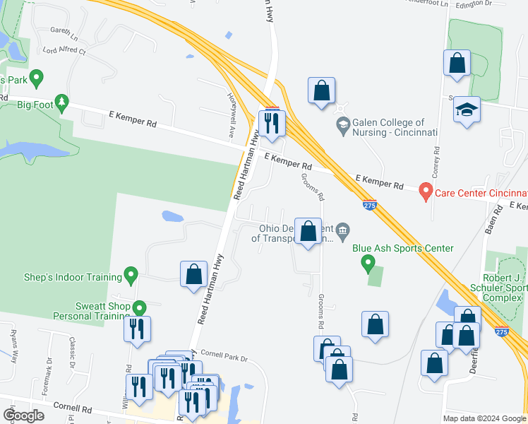 map of restaurants, bars, coffee shops, grocery stores, and more near 11631 Timber Ridge Lane in Sharonville