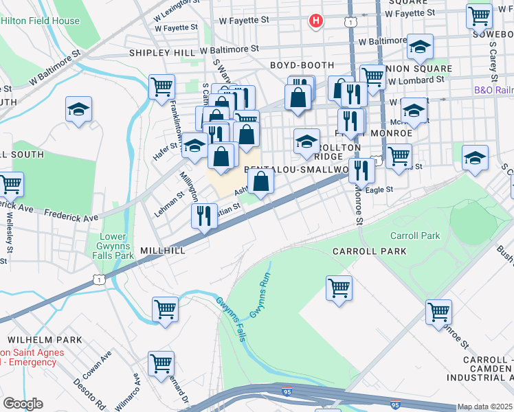 map of restaurants, bars, coffee shops, grocery stores, and more near 2320 Wilkens Avenue in Baltimore