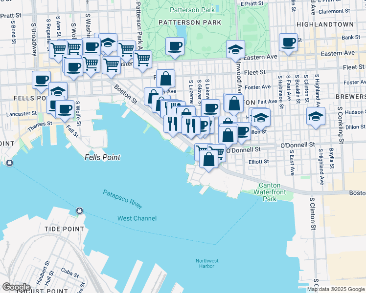 map of restaurants, bars, coffee shops, grocery stores, and more near 2515 Boston Street in Baltimore