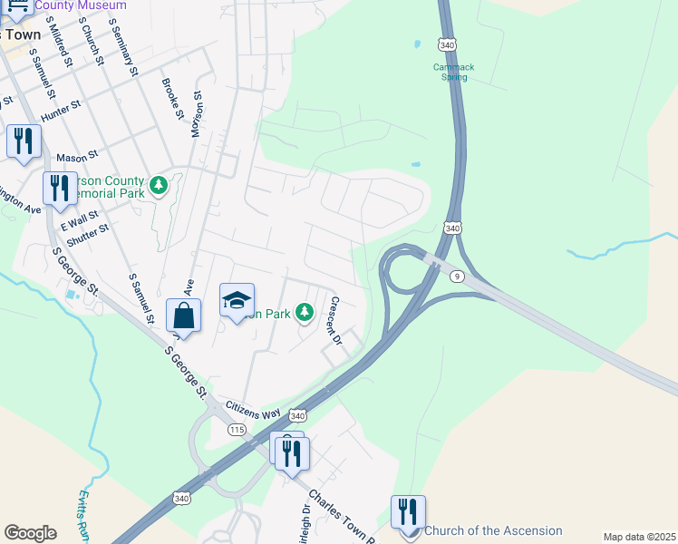 map of restaurants, bars, coffee shops, grocery stores, and more near 98 Saber Drive in Charles Town