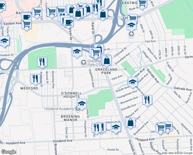 map of restaurants, bars, coffee shops, grocery stores, and more near 1140 Steelton Avenue in Baltimore