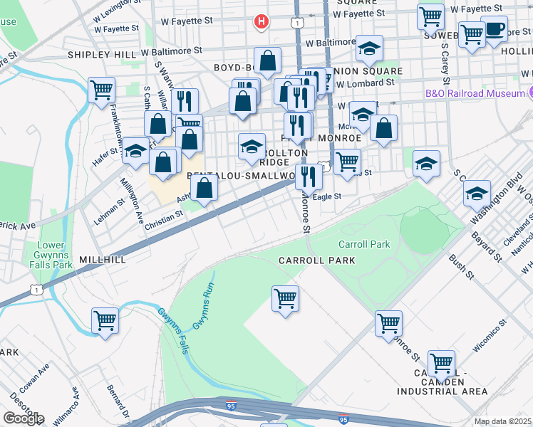 map of restaurants, bars, coffee shops, grocery stores, and more near 2103 Eagle Street in Baltimore