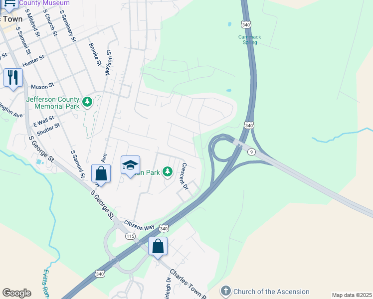 map of restaurants, bars, coffee shops, grocery stores, and more near 98 Saber Drive in Charles Town