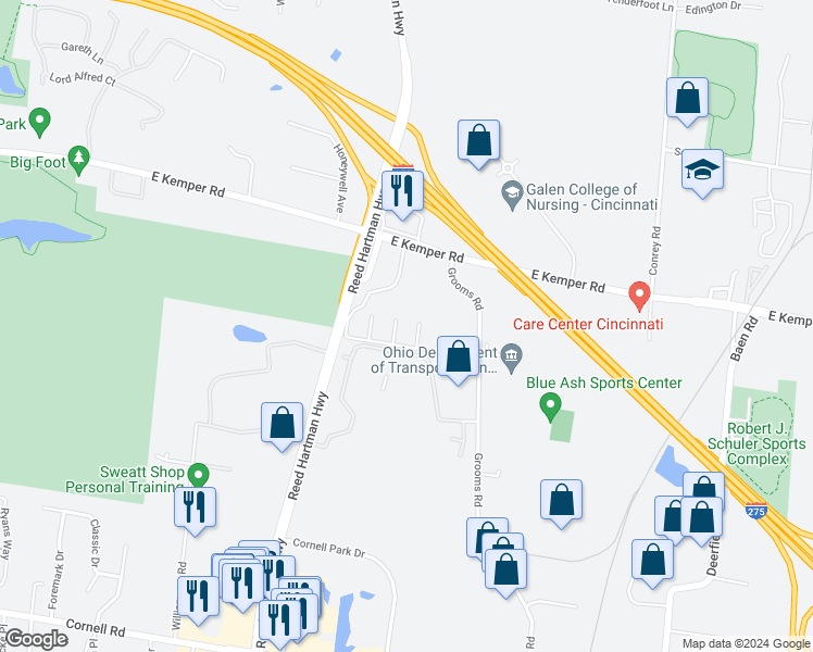 map of restaurants, bars, coffee shops, grocery stores, and more near 11633 Timber Ridge Lane in Sharonville