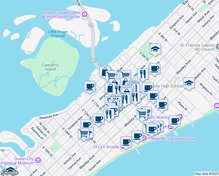 map of restaurants, bars, coffee shops, grocery stores, and more near 920-22 Simpson Avenue in Ocean City