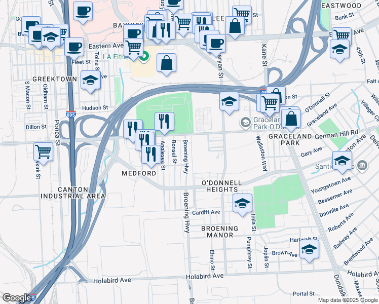 map of restaurants, bars, coffee shops, grocery stores, and more near 1207 Broening Highway in Baltimore