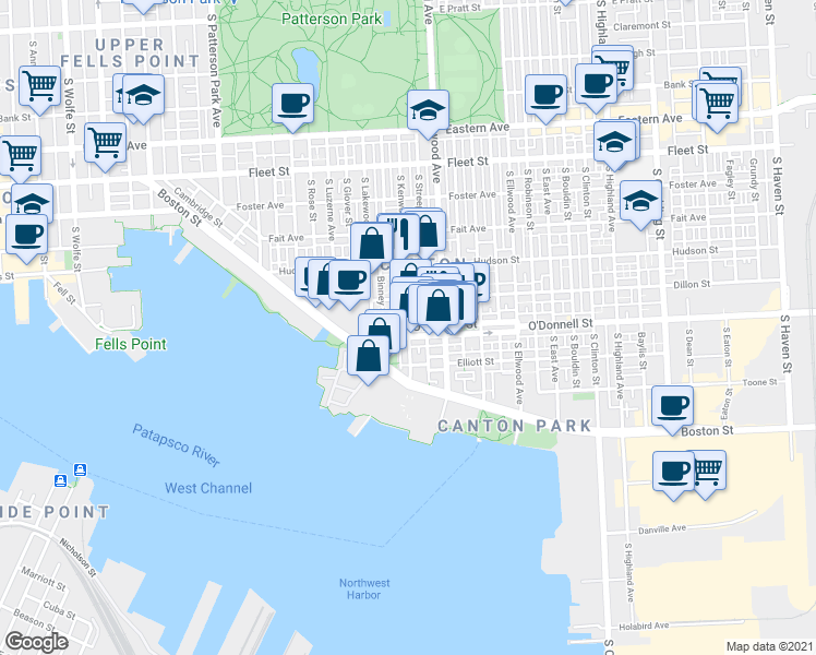 map of restaurants, bars, coffee shops, grocery stores, and more near O'Donnell St & S Kenwood Ave in Baltimore
