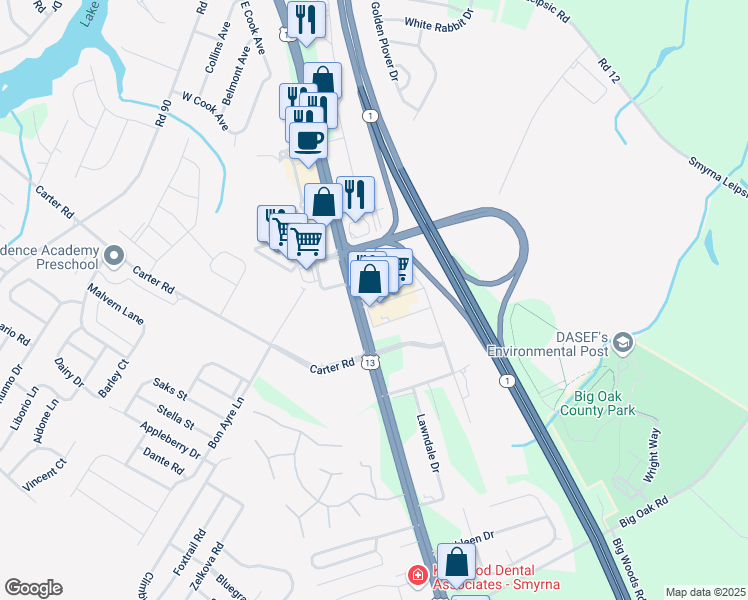 map of restaurants, bars, coffee shops, grocery stores, and more near 215 Stadium Street in Smyrna