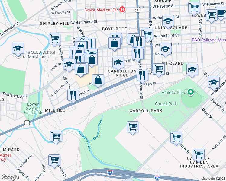 map of restaurants, bars, coffee shops, grocery stores, and more near 600 South Smallwood Street in Baltimore