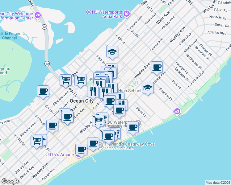 map of restaurants, bars, coffee shops, grocery stores, and more near 501 East 7th Street in Ocean City