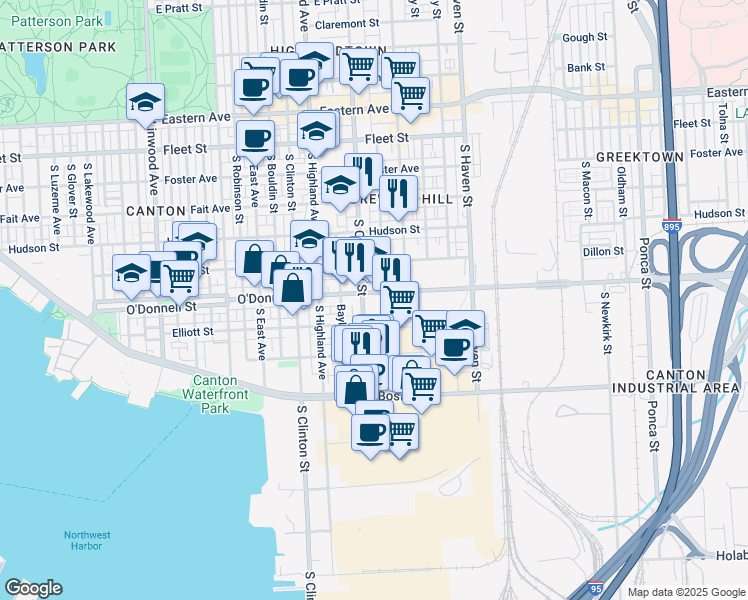 map of restaurants, bars, coffee shops, grocery stores, and more near 3601 O Donnell Street in Baltimore