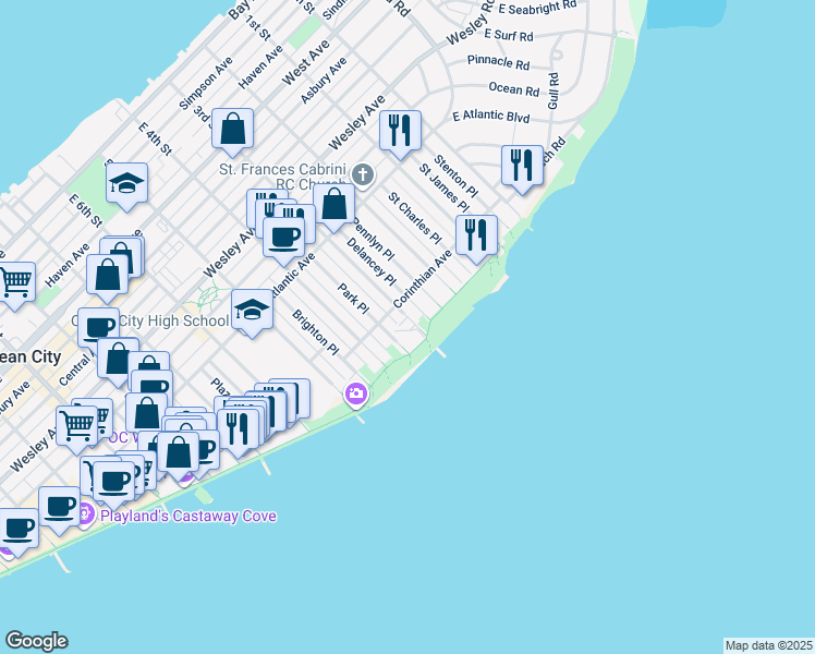 map of restaurants, bars, coffee shops, grocery stores, and more near 309 Corinthian Avenue in Ocean City