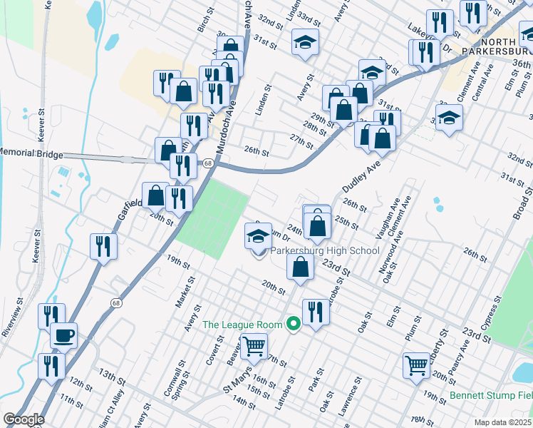 map of restaurants, bars, coffee shops, grocery stores, and more near 1029 24th Street in Parkersburg