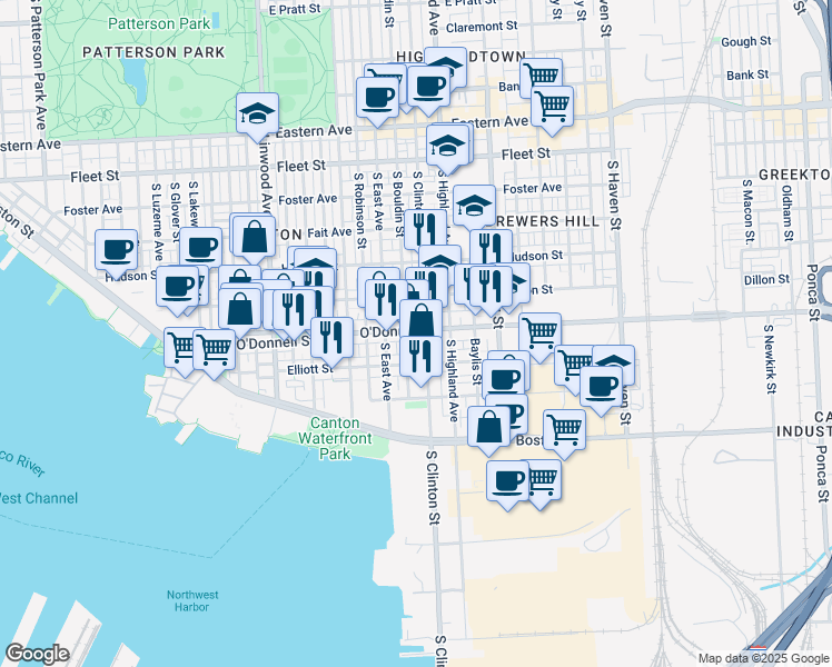 map of restaurants, bars, coffee shops, grocery stores, and more near 3233 O Donnell Street in Baltimore