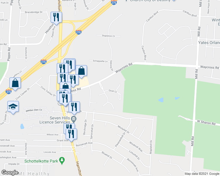 map of restaurants, bars, coffee shops, grocery stores, and more near 2084 Quail Court in Cincinnati