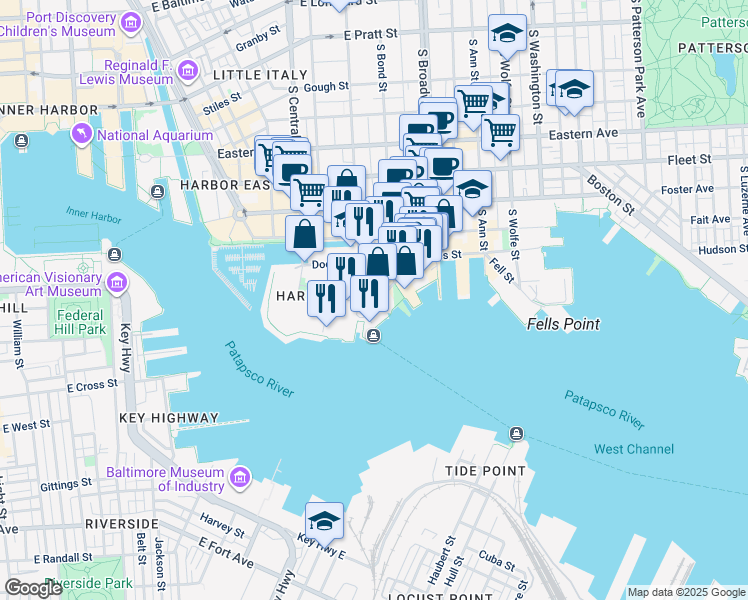 map of restaurants, bars, coffee shops, grocery stores, and more near 1500 Thames Street in Baltimore