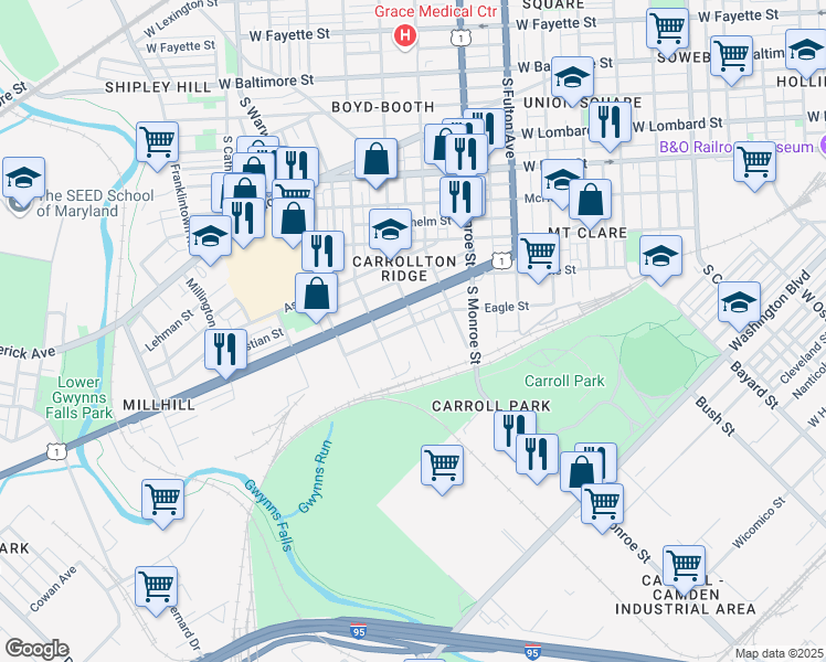 map of restaurants, bars, coffee shops, grocery stores, and more near 2103 Eagle Street in Baltimore