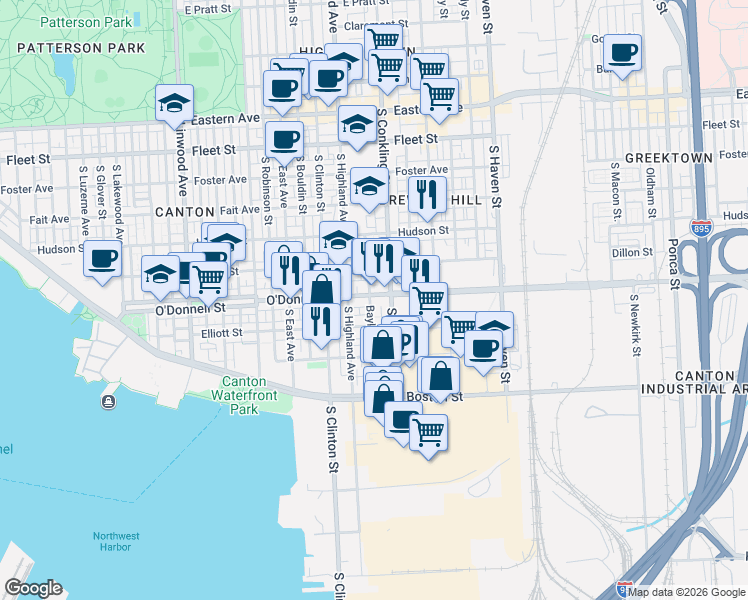 map of restaurants, bars, coffee shops, grocery stores, and more near 3503 O Donnell Street in Baltimore