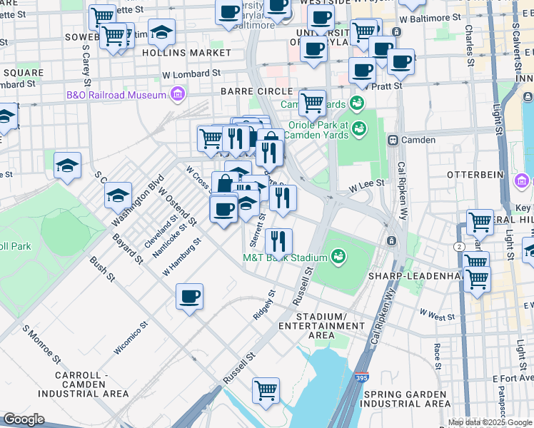 map of restaurants, bars, coffee shops, grocery stores, and more near 1017 Sterrett Street in Baltimore