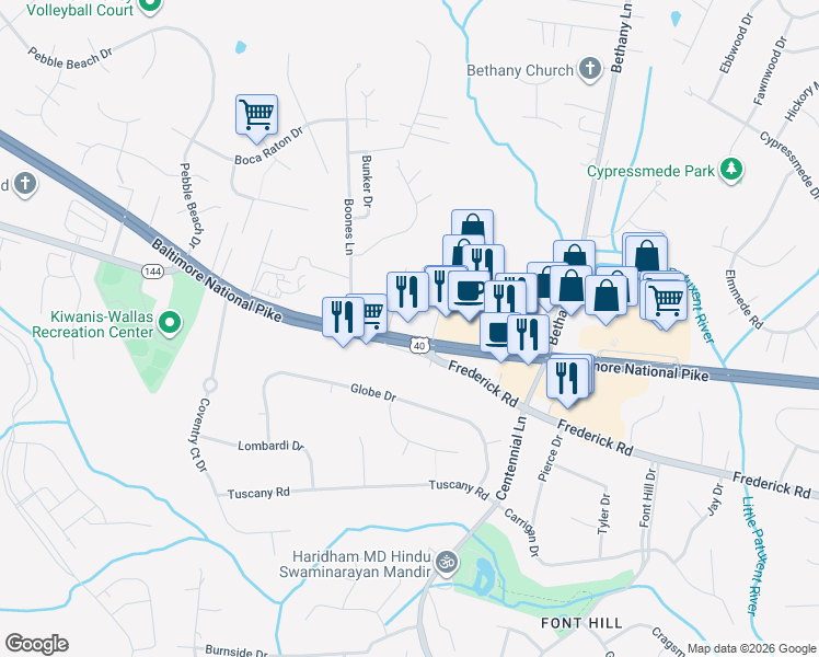 map of restaurants, bars, coffee shops, grocery stores, and more near 10226 Baltimore National Pike in Ellicott City