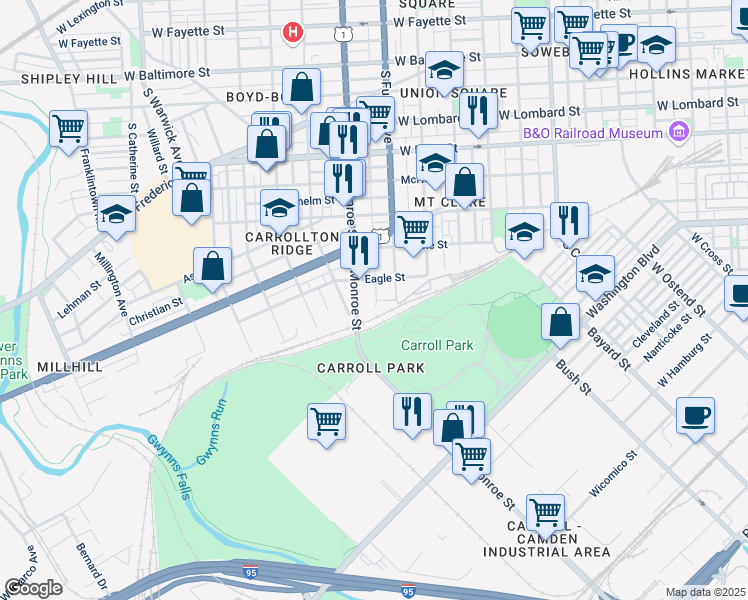 map of restaurants, bars, coffee shops, grocery stores, and more near 613 South Monroe Street in Baltimore