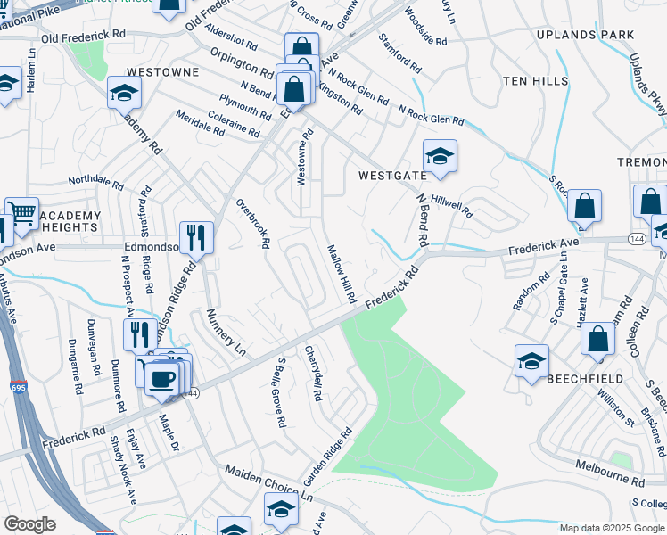 map of restaurants, bars, coffee shops, grocery stores, and more near 226 Mallow Hill Road in Baltimore
