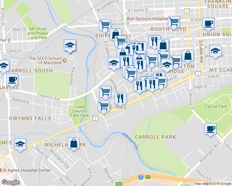 map of restaurants, bars, coffee shops, grocery stores, and more near 422 Millington Avenue in Baltimore