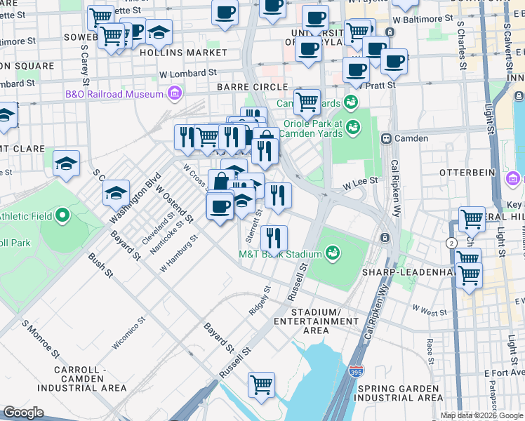 map of restaurants, bars, coffee shops, grocery stores, and more near 1017 Sterrett Street in Baltimore